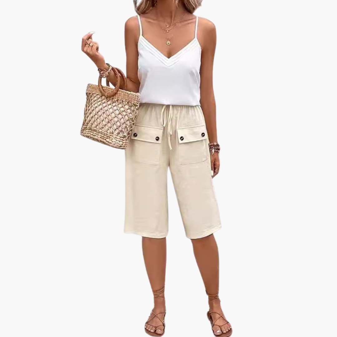 Women's Elastic Waist Shorts Cotton Patch Pockets Beige - VibreMode