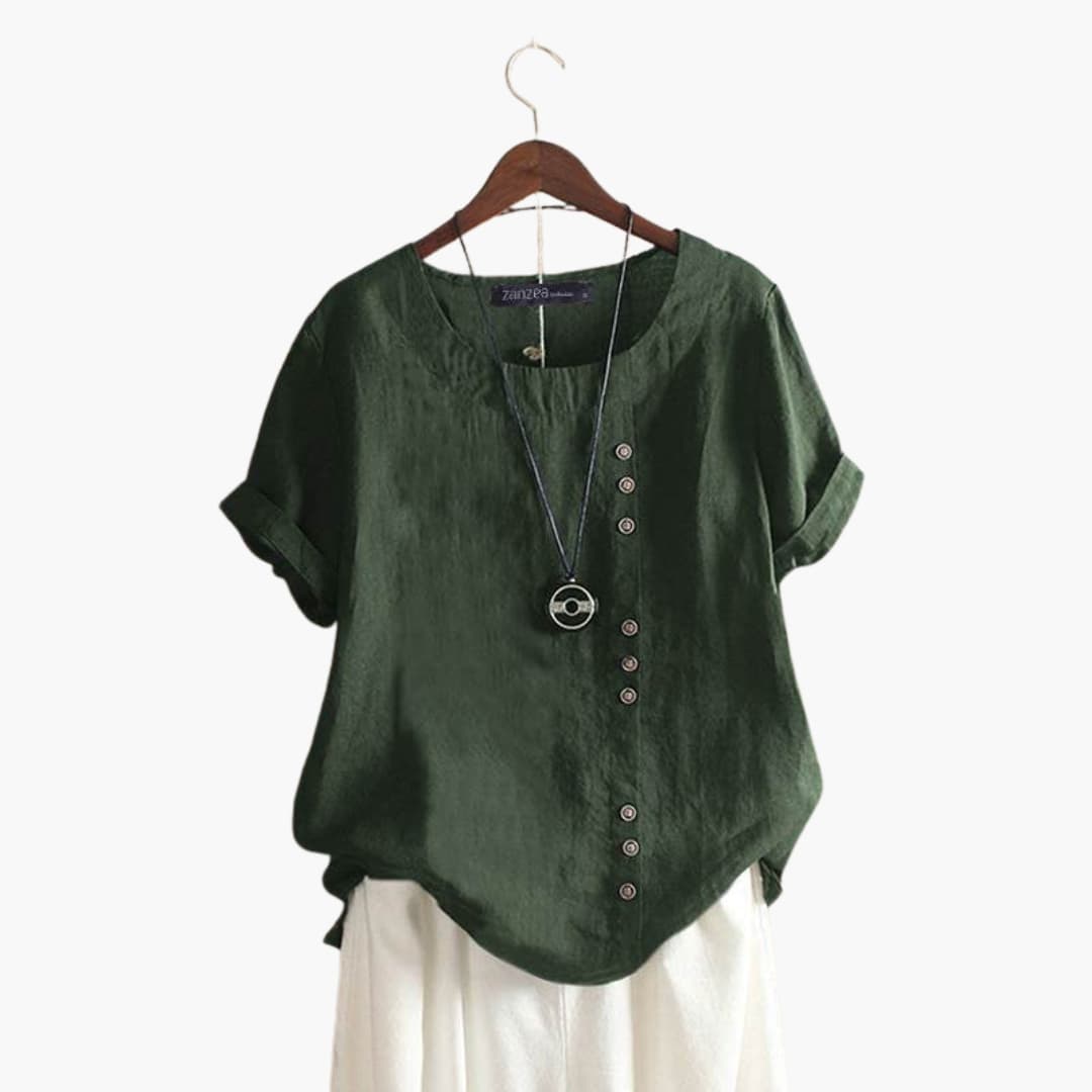 Women's Cotton Blouse Crew Neck Diagonal Buttons - VibreMode
