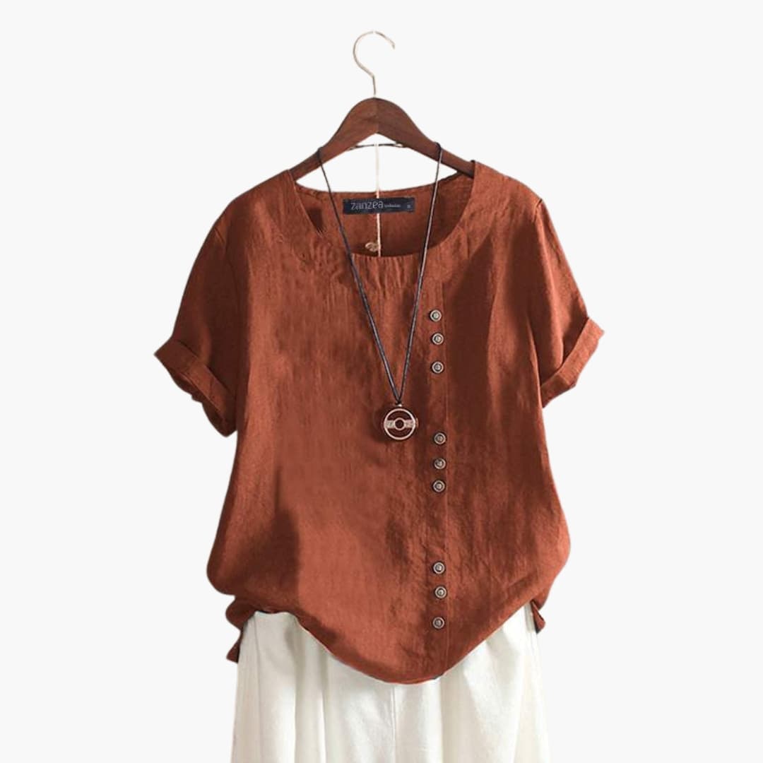 Women's Cotton Blouse Crew Neck Diagonal Buttons
