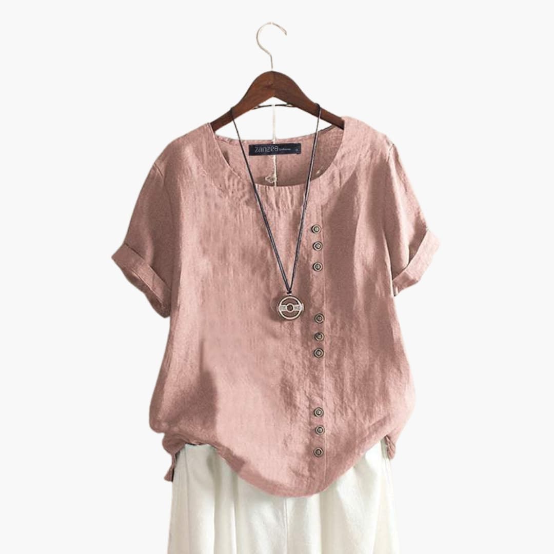 Women's Cotton Blouse Crew Neck Diagonal Buttons