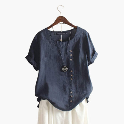 Women's Cotton Blouse Crew Neck Diagonal Buttons