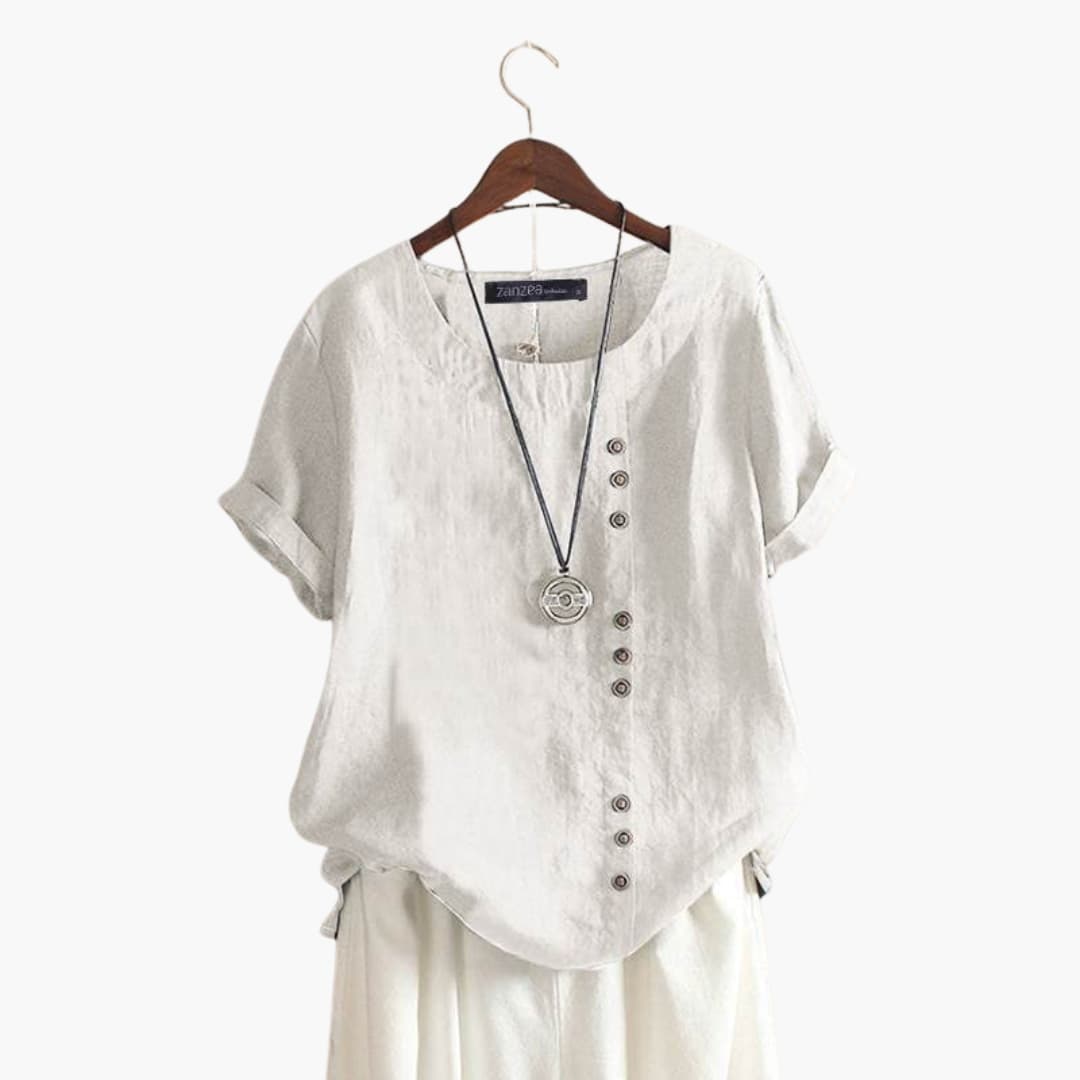 Women's Cotton Blouse Crew Neck Diagonal Buttons