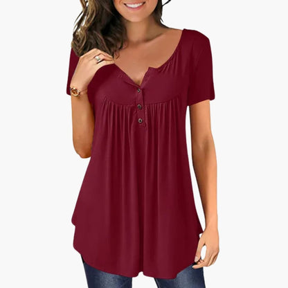 Women's Long Sleeve Woven Blouse Crew Neck Button Accent