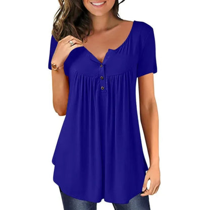 Women's Long Sleeve Woven Blouse Crew Neck Button Accent - VibreMode
