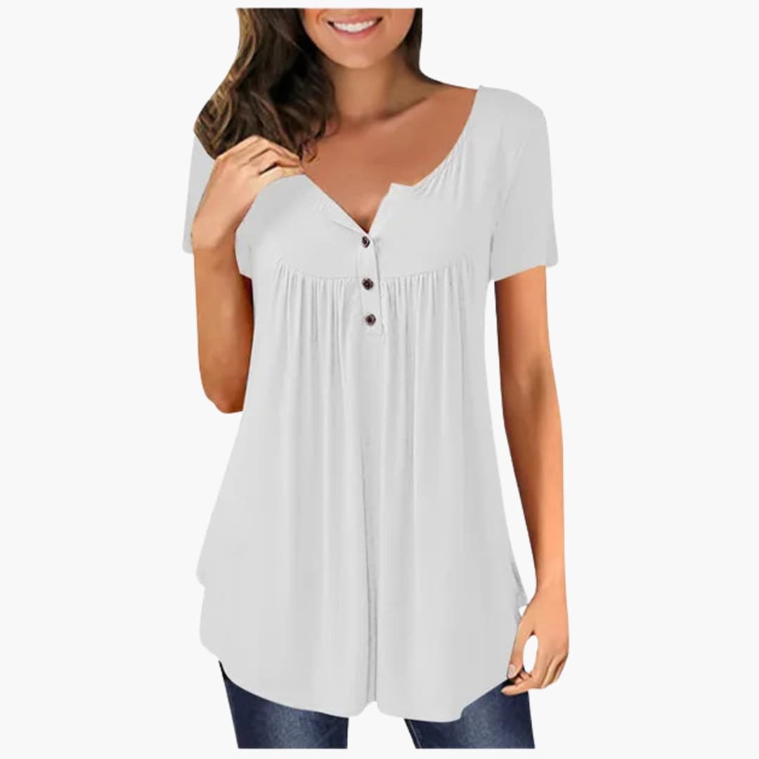 Women's Long Sleeve Woven Blouse Crew Neck Button Accent