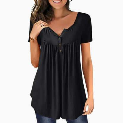 Women's Long Sleeve Woven Blouse Crew Neck Button Accent