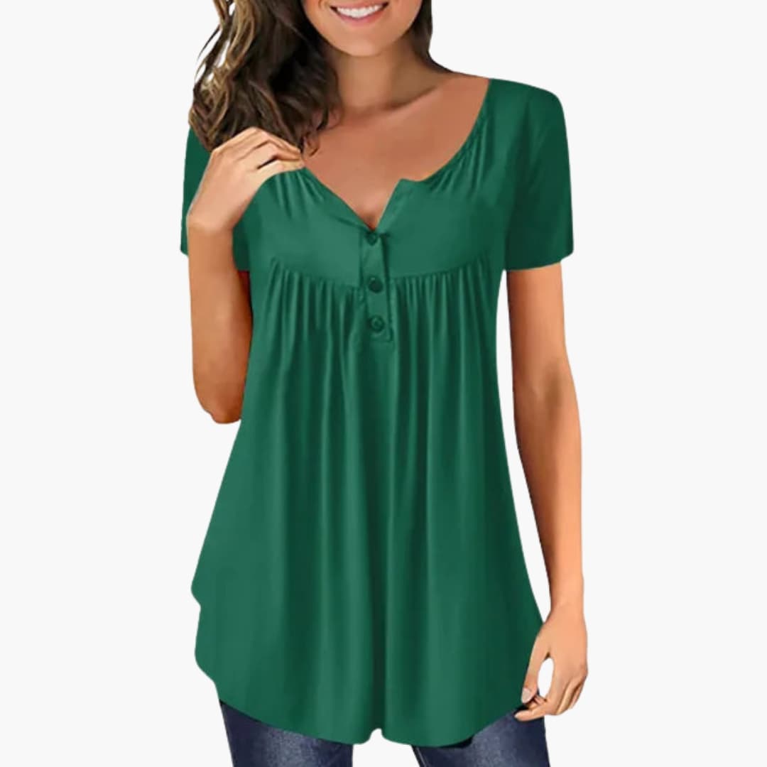 Women's Long Sleeve Woven Blouse Crew Neck Button Accent