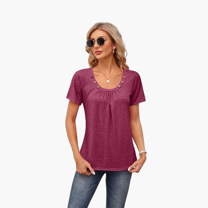 Women's Short Sleeve T-Shirt Crew Neck Decorative Button Front - VibreMode