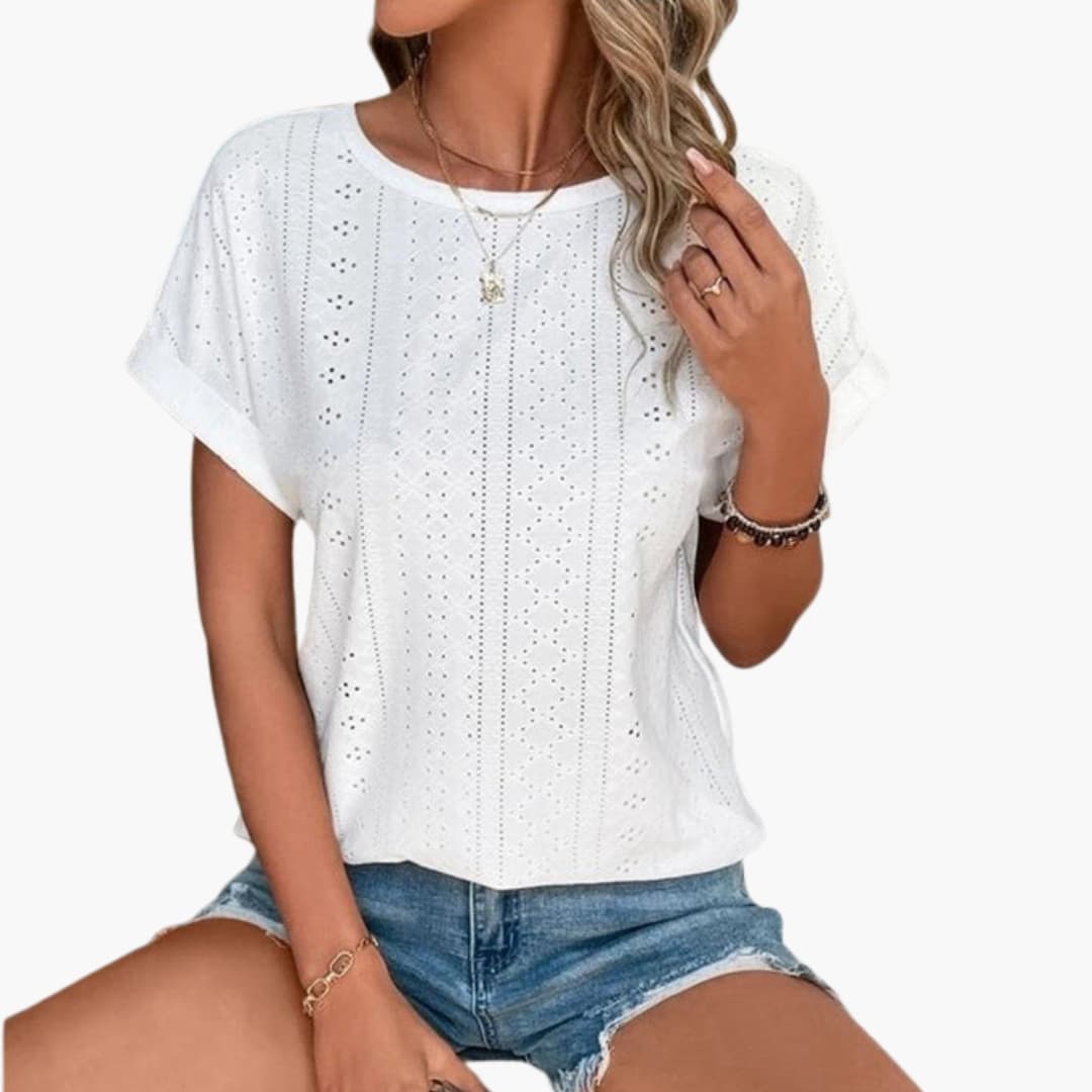 Women's Short Sleeve T-Shirt Crew Neck Eyelet Pattern