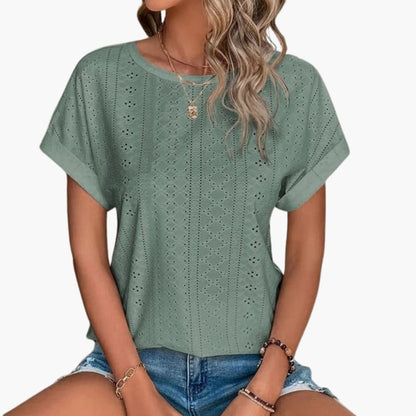 Women's Short Sleeve T-Shirt Crew Neck Eyelet Pattern