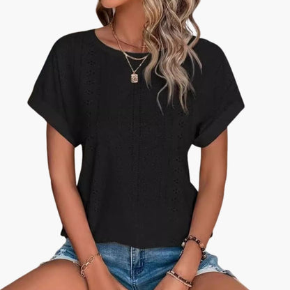 Women's Short Sleeve T-Shirt Crew Neck Eyelet Pattern