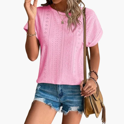 Women's Short Sleeve T-Shirt Crew Neck Eyelet Pattern - VibreMode