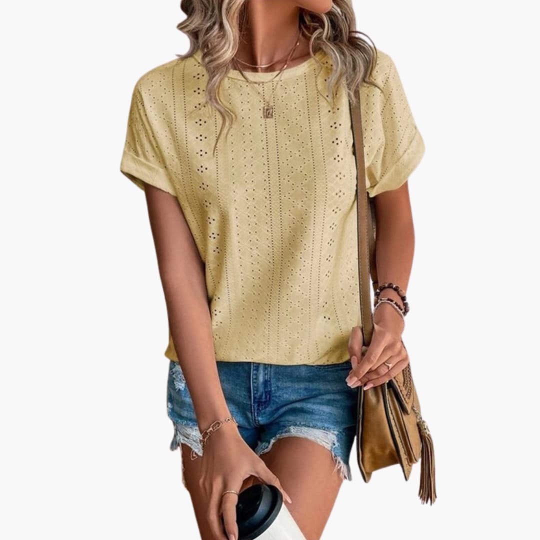 Women's Short Sleeve T-Shirt Crew Neck Eyelet Pattern