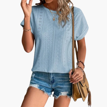 Women's Short Sleeve T-Shirt Crew Neck Eyelet Pattern
