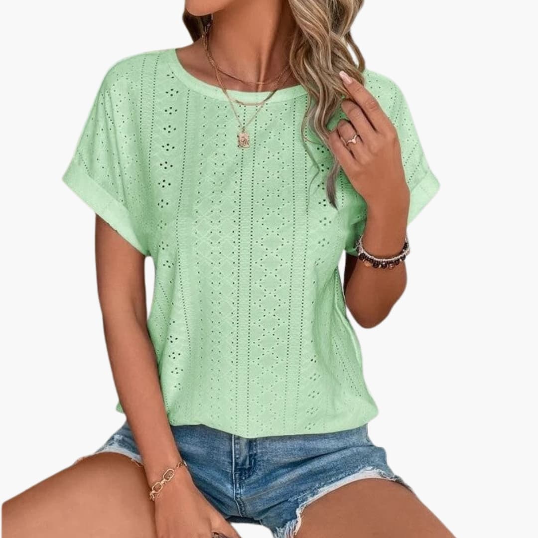 Women's Short Sleeve T-Shirt Crew Neck Eyelet Pattern