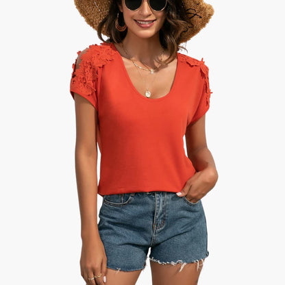 Women's Short Sleeve T-Shirt Floral Lace Trim
