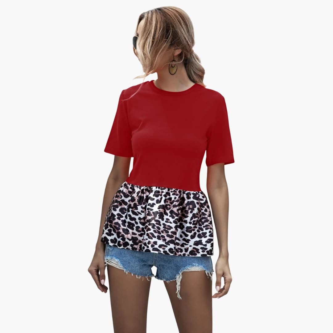 Women's Peplum T-Shirt Leopard Print Crew Neck - VibreMode