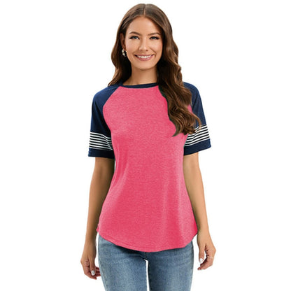 Women's Raglan Crew Neck T-Shirt Striped Short Sleeves
