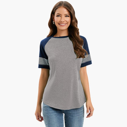 Women's Raglan Crew Neck T-Shirt Striped Short Sleeves