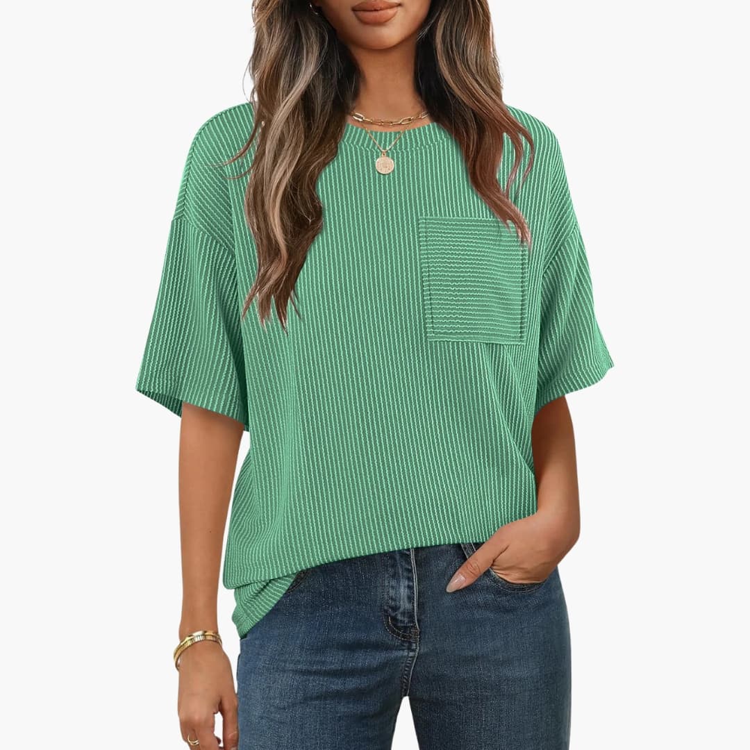 Women's Short Sleeve Striped T-Shirt Cotton Chest Pocket - VibreMode