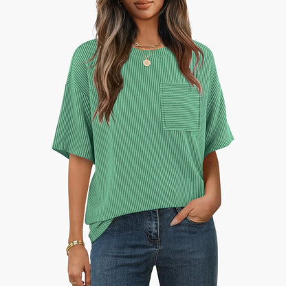 Women's Short Sleeve Striped T-Shirt Cotton Chest Pocket - VibreMode