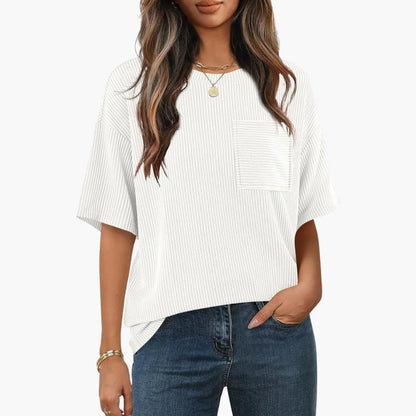 Women's Short Sleeve Striped T-Shirt Cotton Chest Pocket