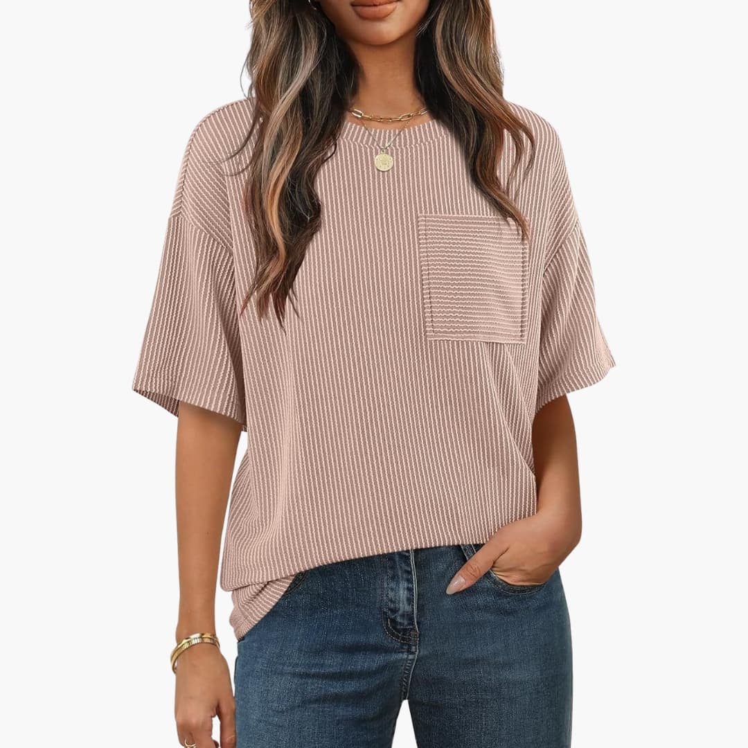 Women's Short Sleeve Striped T-Shirt Cotton Chest Pocket