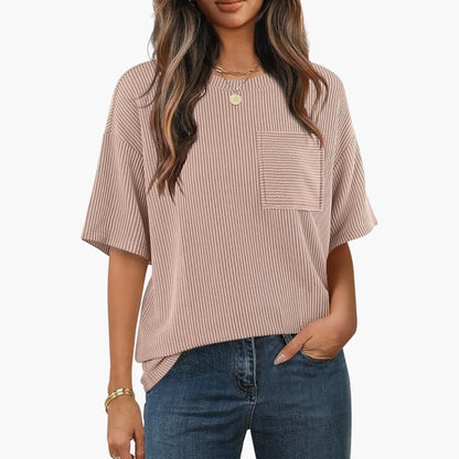 Women's Short Sleeve Striped T-Shirt Cotton Chest Pocket