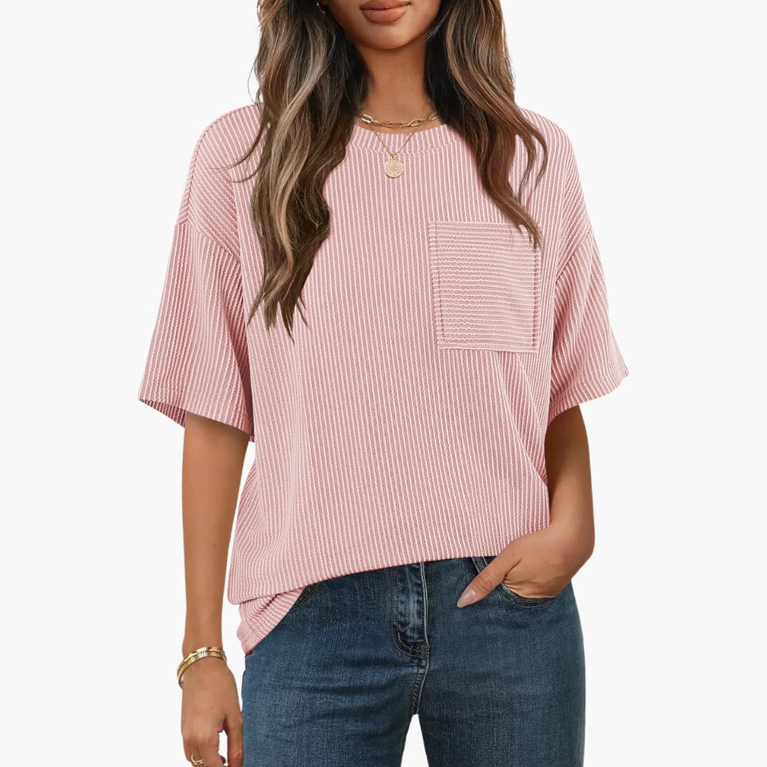 Women's Short Sleeve Striped T-Shirt Cotton Chest Pocket