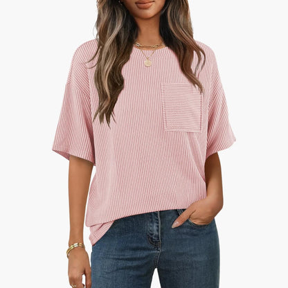 Women's Short Sleeve Striped T-Shirt Cotton Chest Pocket