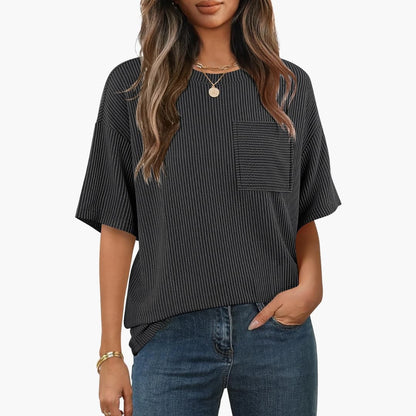 Women's Short Sleeve Striped T-Shirt Cotton Chest Pocket
