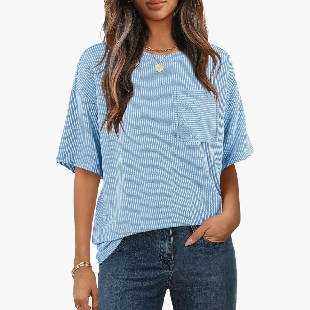 Women's Short Sleeve Striped T-Shirt Cotton Chest Pocket