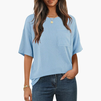Women's Short Sleeve Striped T-Shirt Cotton Chest Pocket