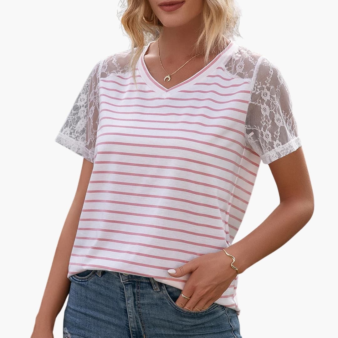 Women's Striped Crew Neck T-Shirt Lace Short Sleeve