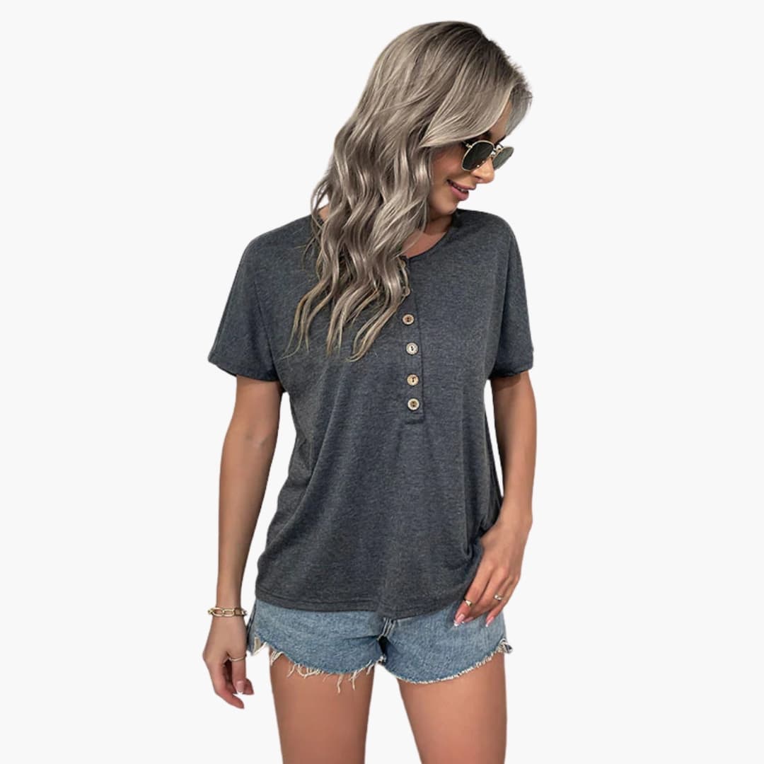 Women's Short Sleeve T-Shirt Crew Neck Wooden Buttons - VibreMode
