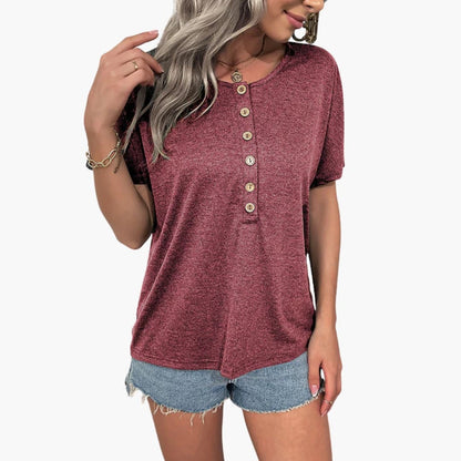 Women's Short Sleeve T-Shirt Crew Neck Wooden Buttons