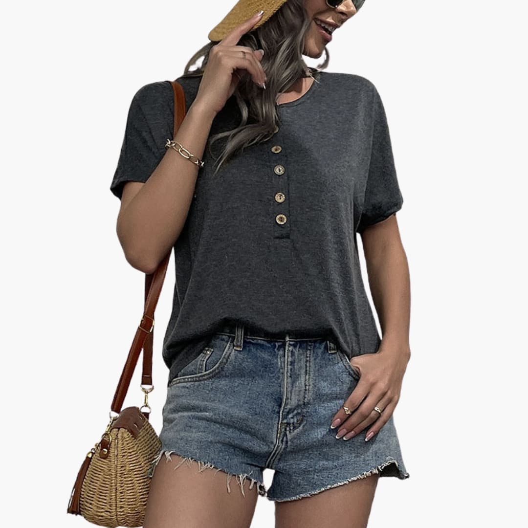 Women's Short Sleeve Crew Neck T-Shirt Wooden Buttons - VibreMode