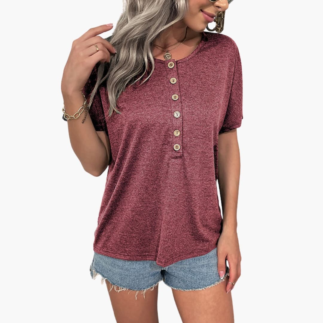 Women's Short Sleeve Crew Neck T-Shirt Wooden Buttons