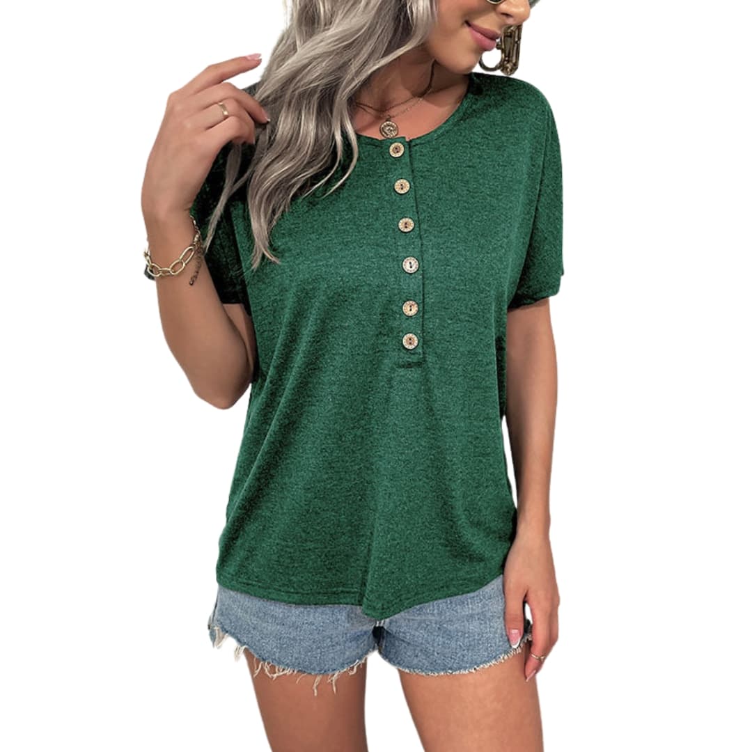 Women's Short Sleeve Crew Neck T-Shirt Wooden Buttons