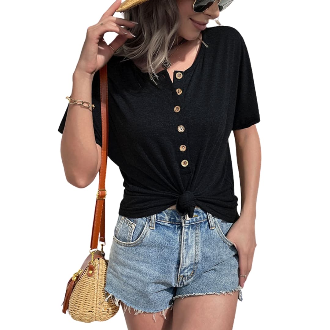 Women's Short Sleeve Crew Neck T-Shirt Wooden Buttons