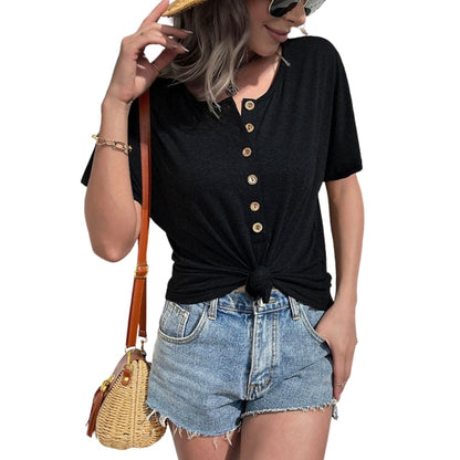 Women's Short Sleeve Crew Neck T-Shirt Wooden Buttons
