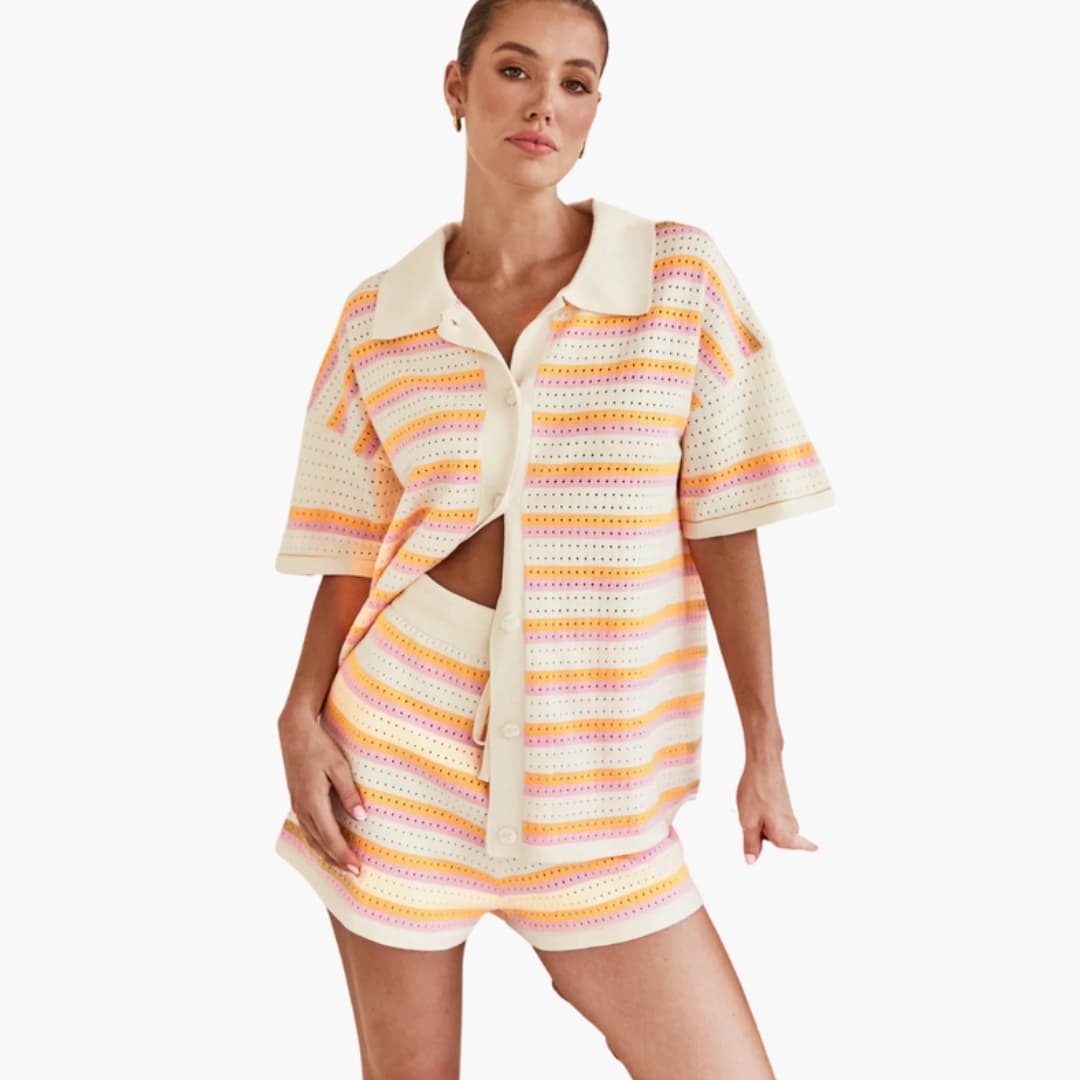 Women's Crochet Short Sleeve And Bottom Set - VibreMode