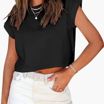 Women's Crop Rolled Sleeves Round Neck