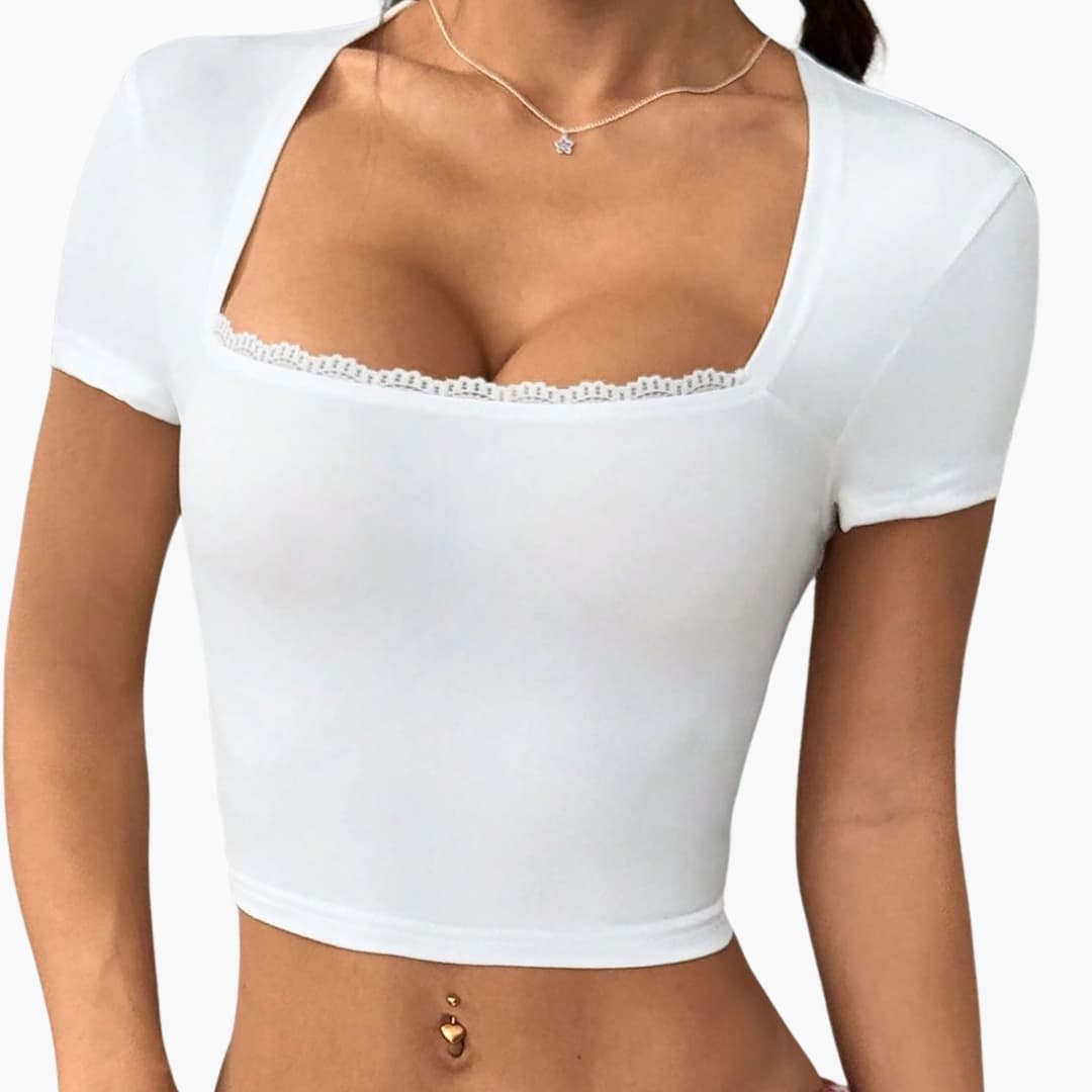 Women's Lace Trim Crop Square Neck - VibreMode