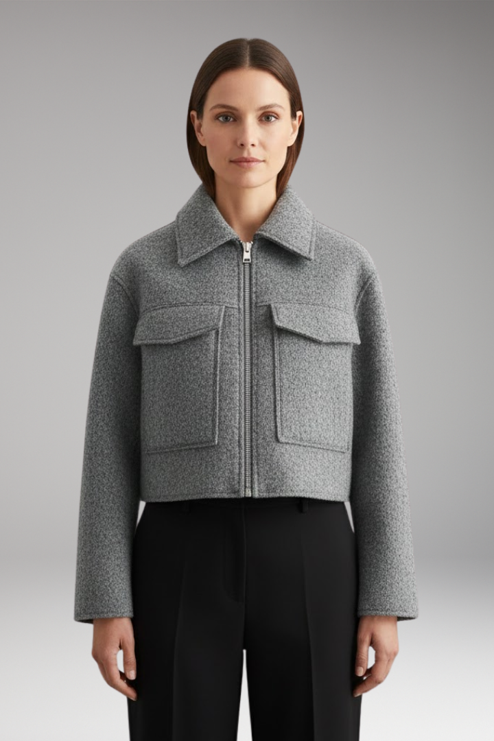 Women's Cropped Bomber Jacket Lapel Collar Side Pockets