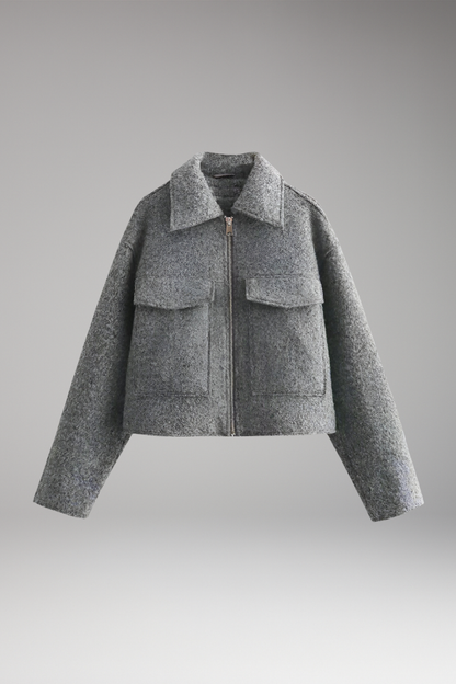 Women's Cropped Bomber Jacket Lapel Collar Side Pockets - VibreMode