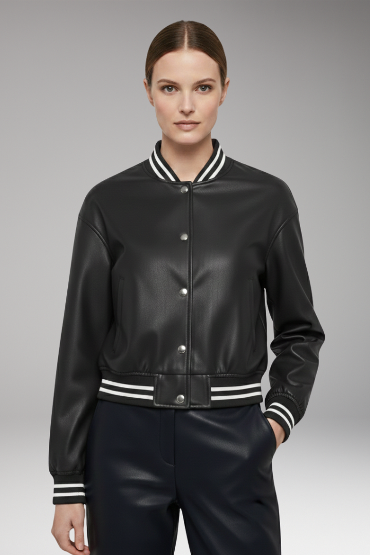 Women's Cropped Bomber Jacket Snap Button Ribbed Cuffs