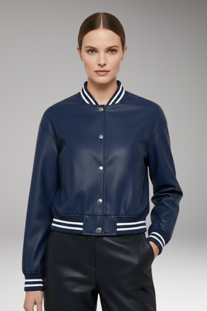 Women's Cropped Bomber Jacket Snap Button Ribbed Cuffs