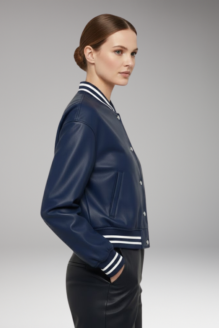 Women's Cropped Bomber Jacket Snap Button Ribbed Cuffs