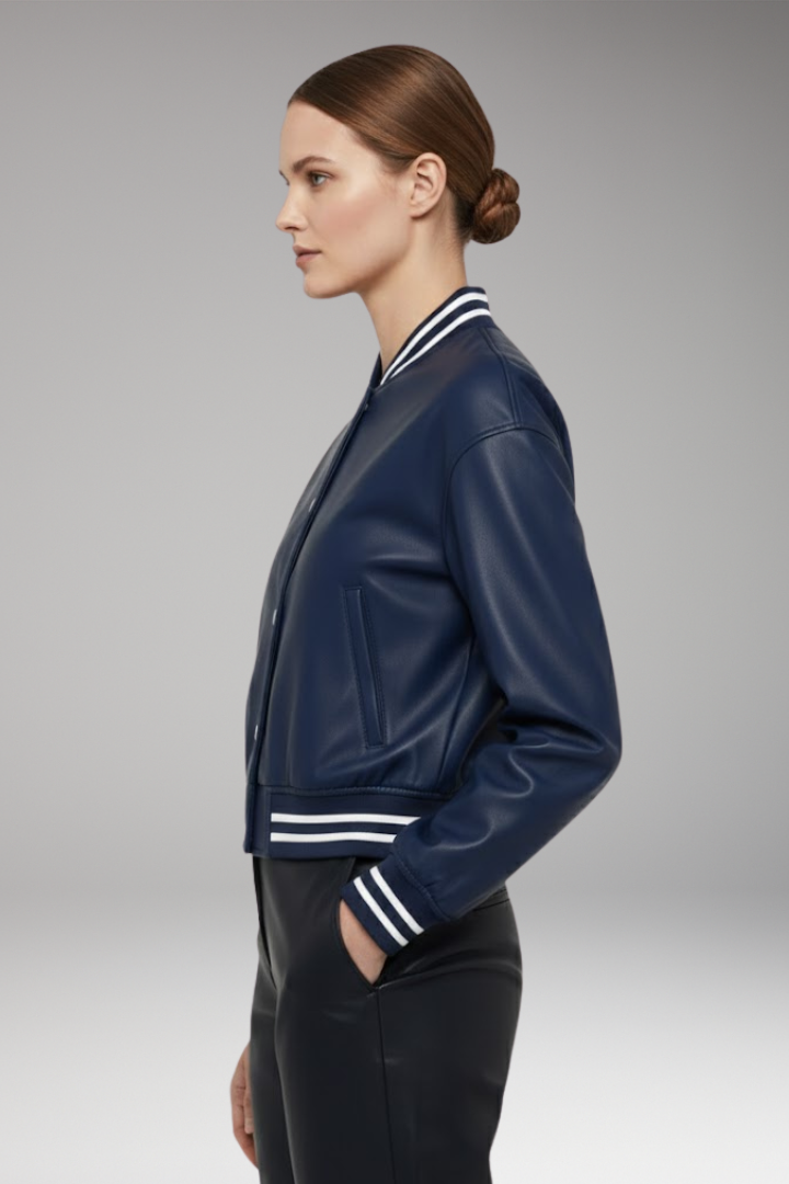 Women's Cropped Bomber Jacket Snap Button Ribbed Cuffs